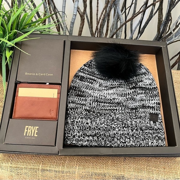 Frye Accessories - NWT Frye Black Marble Beanie & Leather Card Case Set